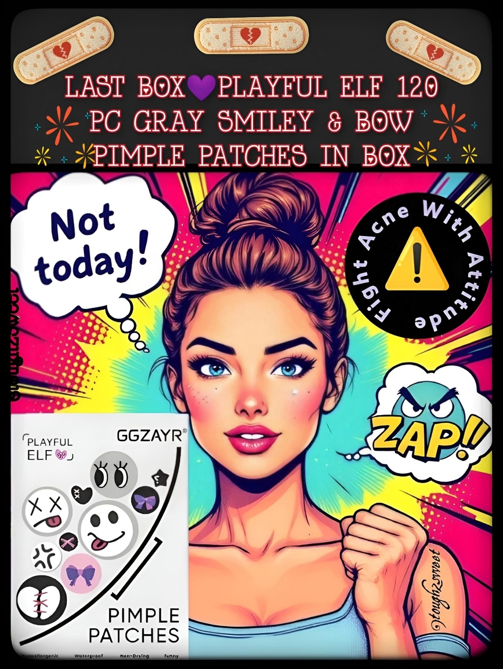 🆕️LAST BOX💜PLAYFUL ELF 120 PC GRAY SMILEY & BOW PIMPLE PATCHES IN BOX